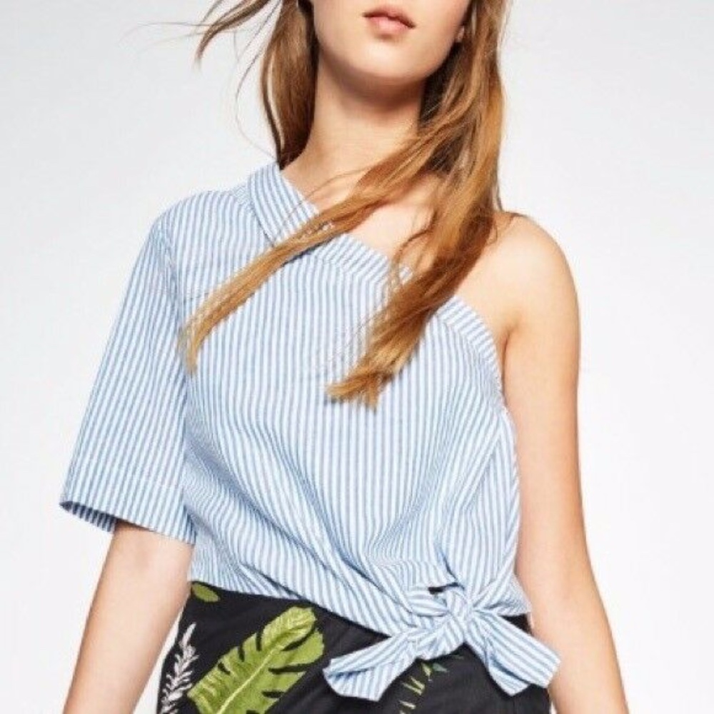 ZARA BLUE AND WHITE STRIPED OFF THE SHOULDER TOP